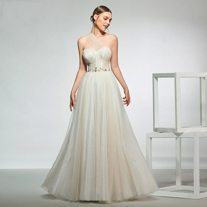 Dress elegant one shoulder beading sleeveless zipper up wedding dress a line floor length