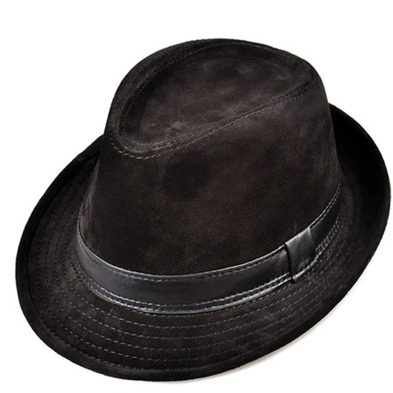 Genuine Leather Nubuck Brown Fedoras Hats Gentleman Caps 56-60cm Fitted Hat