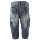 Mens Summer Retro Cargo Denim Shorts Male Faded Patchwork Pockets Vintage Military Style Biker Jeans