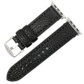 Black watch strap with silver buckle on a white background