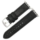 Black watch strap with silver buckle on a white background