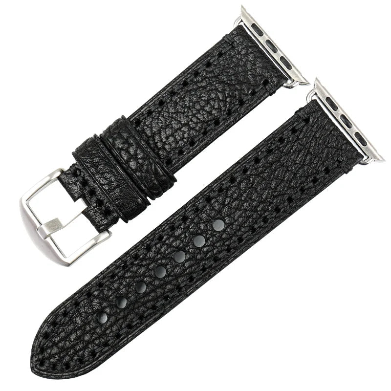 Black watch strap with silver buckle on a white background