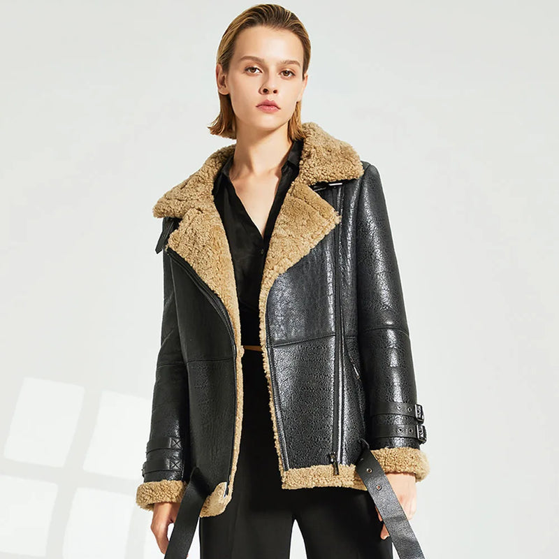 Women's Shearling Jacket Women's Short Motorcycle Jacket Women's Winter Leather Warm Jacket