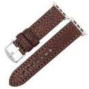 Dark brown leather watch strap with silver hardware on a white background