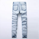 Men jeans Washed Light blue Moto Denim Pants Ripped Rider Biker Jeans Motorcycle Hip Hop For Skinny Stretch Hip Hop