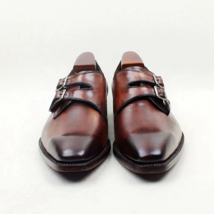 Brown Double Monk Straps Buckle Genuine Calf Leather Breathable Outsole Men Shoe