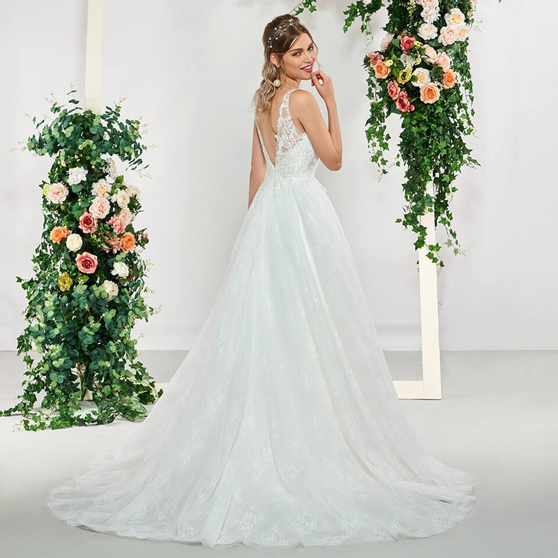 Ivory elegant v neck a line appliques sleeveless wedding dress floor length bridal outdoor lace wedding dresses