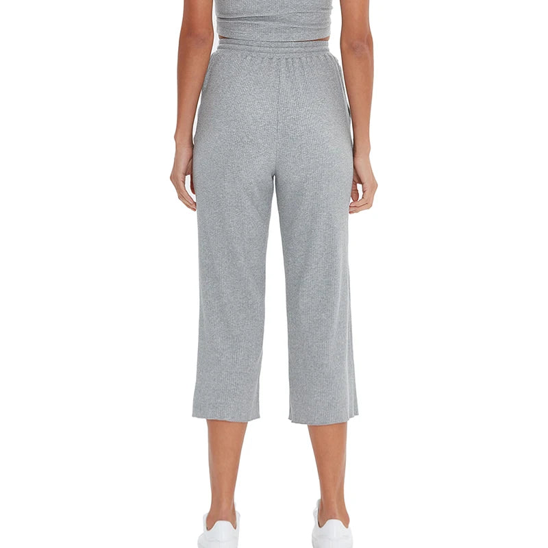 Knitted  Cotton Women's Pants Casual Loose Elastic High Waist Wide Leg Trousers With Pockets Sweatpants
