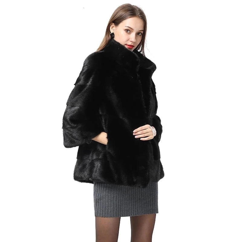 Natural Real Fur Coat Sleeve Women Mink Fur Coats Stand Collar Jackets Outwear Real Fur Clothing