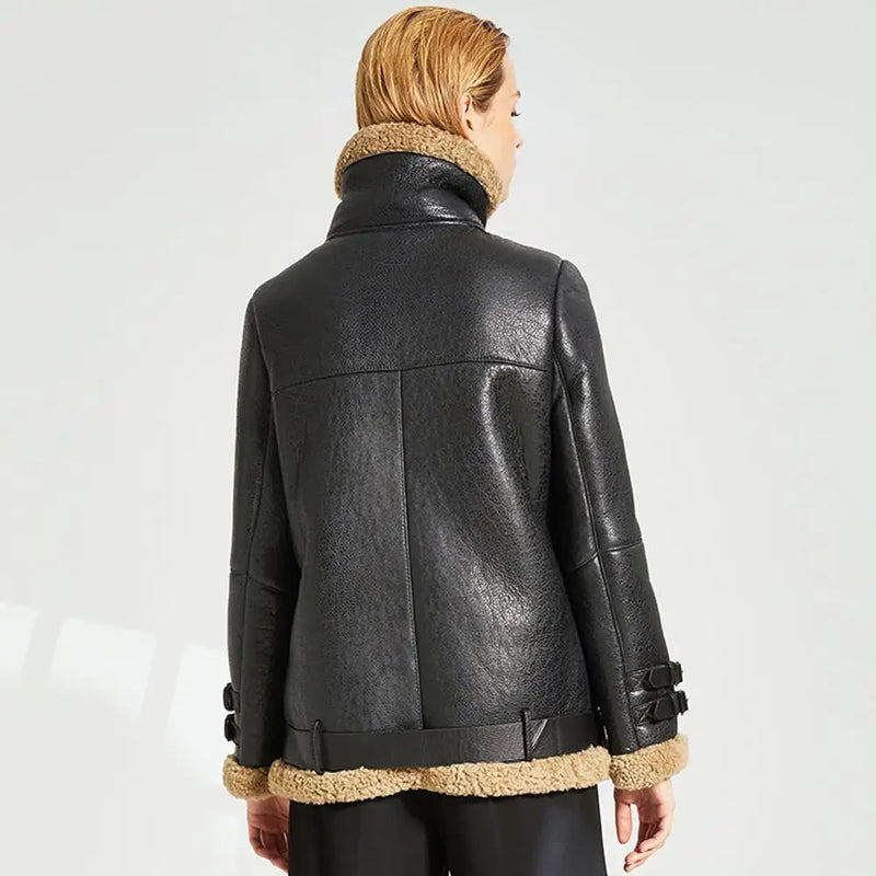 Women's Shearling Jacket Women's Short Motorcycle Jacket Women's Winter Leather Warm Jacket