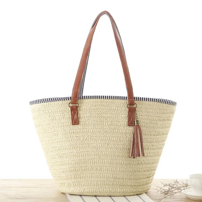 Women handbags wicker woven shoulder bags tote bucket bag summer beach purses