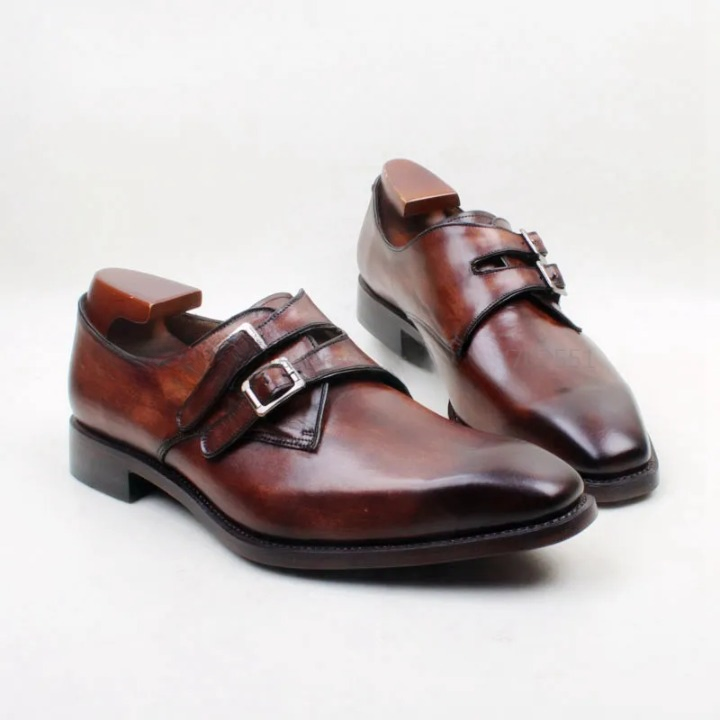 Brown Double Monk Straps Buckle Genuine Calf Leather Breathable Outsole Men Shoe