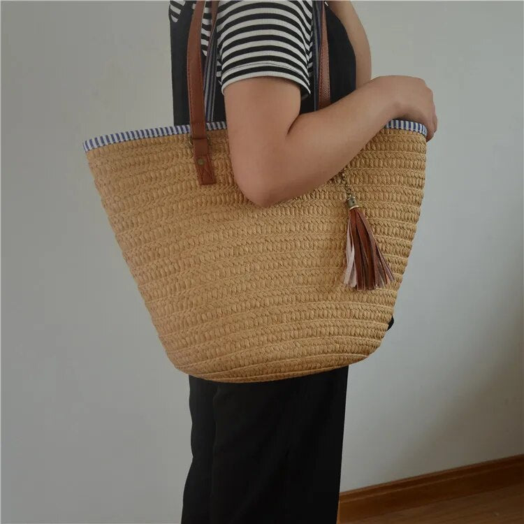 Women handbags wicker woven shoulder bags tote bucket bag summer beach purses