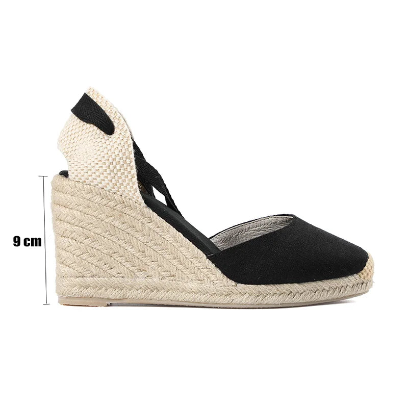 Women Summer Espadrille Heel Wedge Sandals Closed Toe Shoe cross-tied Lace-up