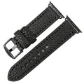 Black leather watch strap on a white background