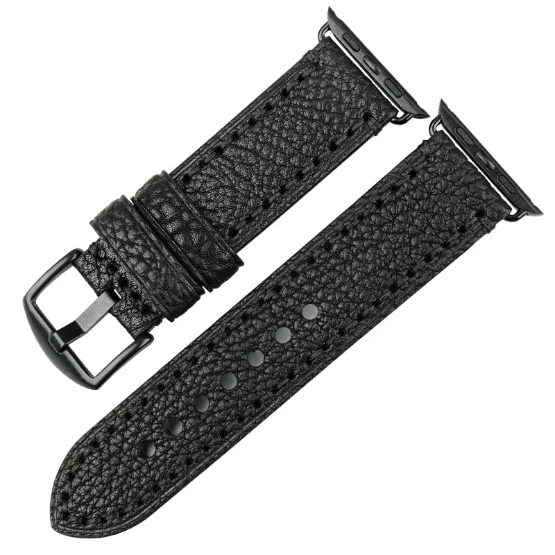 Black leather watch strap on a white background