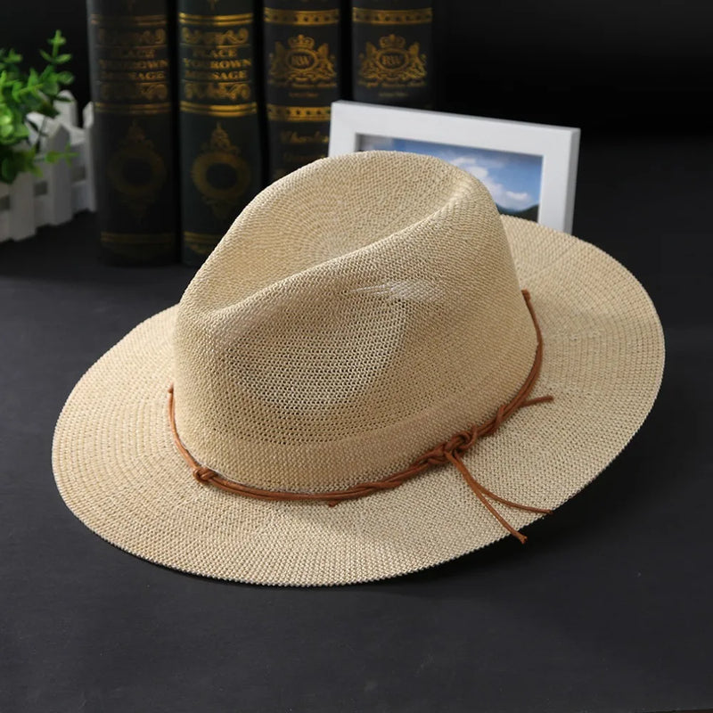 Summer Hat Panama Hats Hollow Out Straw Hat For Men Women Leather Ribbon Large Brim Sun Beach Fedora