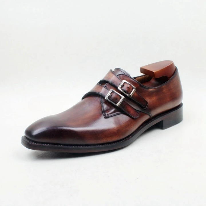 Brown Double Monk Straps Buckle Genuine Calf Leather Breathable Outsole Men Shoe