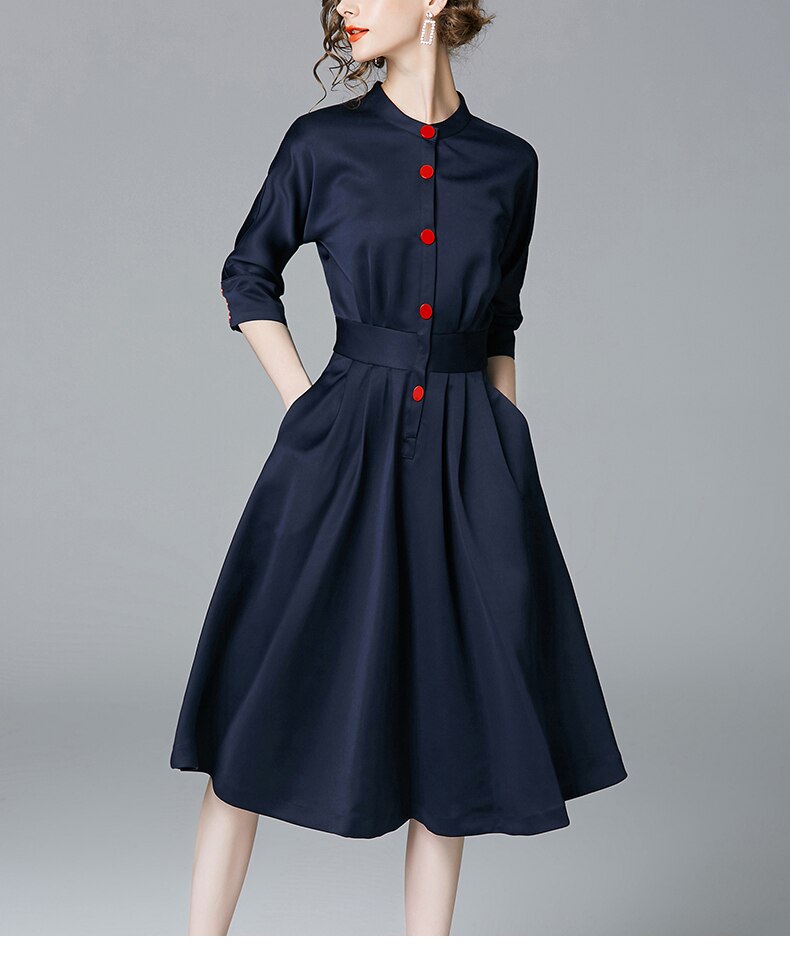 Spring Autumn Vintage Dresses Women Slim 3/4 Sleeve A Line Office Wear Dress Elegant Work Business Dresses