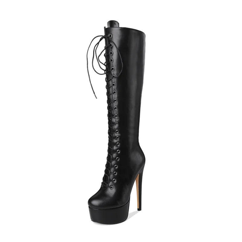 Women Platform The Knee High Boots Front Lace-Up Thin Heel Stiletto Stretch Big Size Winter Woman Boots
