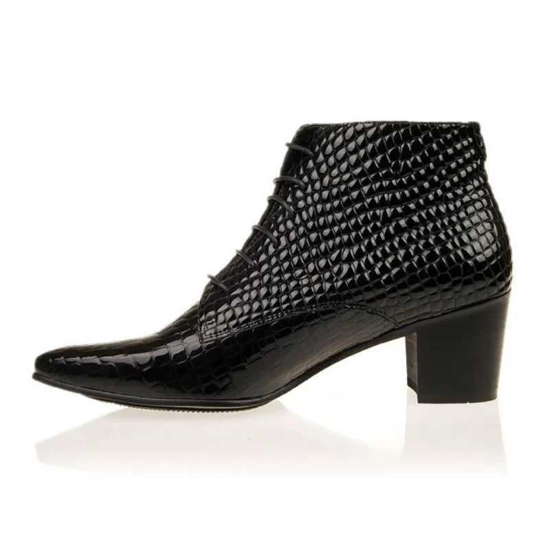 Brand Pointed Toe High Heel Genuine Leather Shoes Men Lace Up Dress Ankle Boots