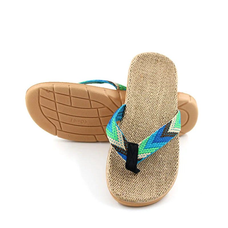 Men Linen Flip Flops Sandals Flat Non-Slip Linen Slides Home Slippers Casual Straw Beach Shoes