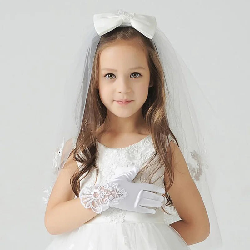 Kids Gift White Elastic Mesh Cloth Girls Party Formal Etiquette Gloves Pearl Short Lace Bow Children Princess Dance Gloves