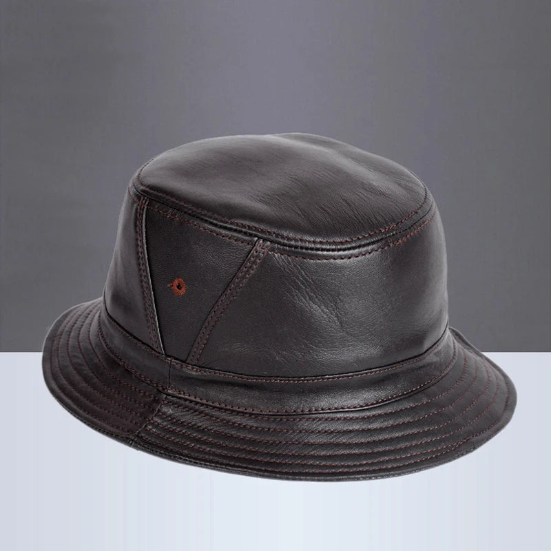 Man Real Leather Fitted Flat Bucket Hats Outdoor Potted Short Brim Hip Pop Elderly