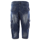 Mens Summer Retro Cargo Denim Shorts Male Faded Patchwork Pockets Vintage Military Style Biker Jeans