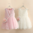 Summer Teenager Floral White Sleeveless Lace Mesh Ball Gown Dress With Bag For Kids Baby Girl