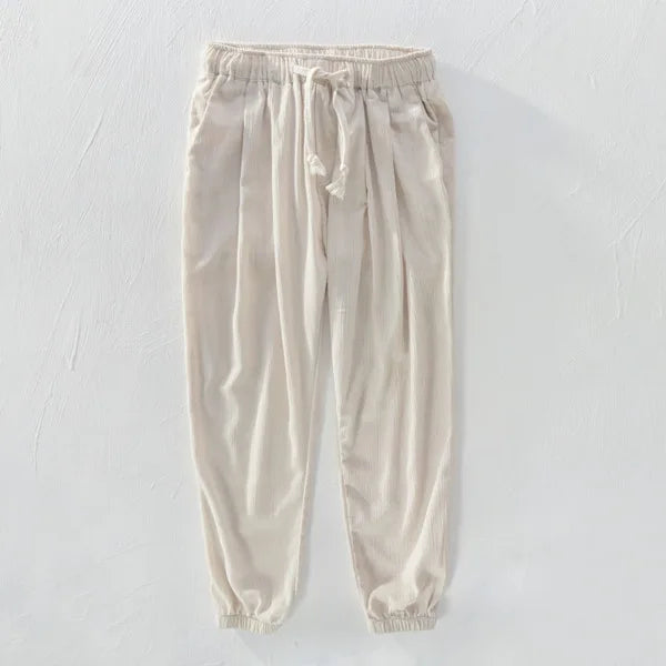 Ankle-length pants men linen and cotton loose white trousers men elastic waist pants men