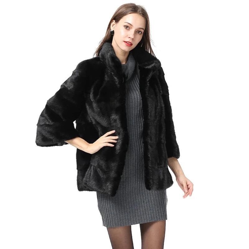 Natural Real Fur Coat Sleeve Women Mink Fur Coats Stand Collar Jackets Outwear Real Fur Clothing