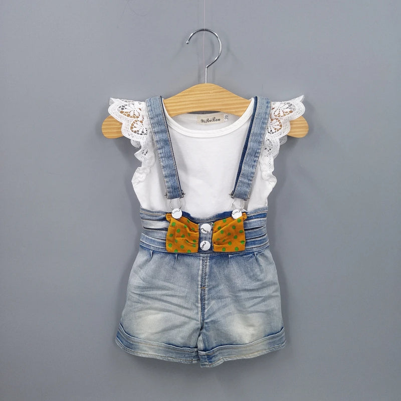 Baby Girl Overalls Summer Baby Clothing Sets Babe Girls Rompers With Cotton T Shirt Bow Suspender Shorts Infant Clothes
