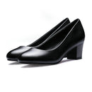 Office Lady Pumps Square Heel Women Black Work Pumps Round Toe Shallow Ladies Bonded Leather