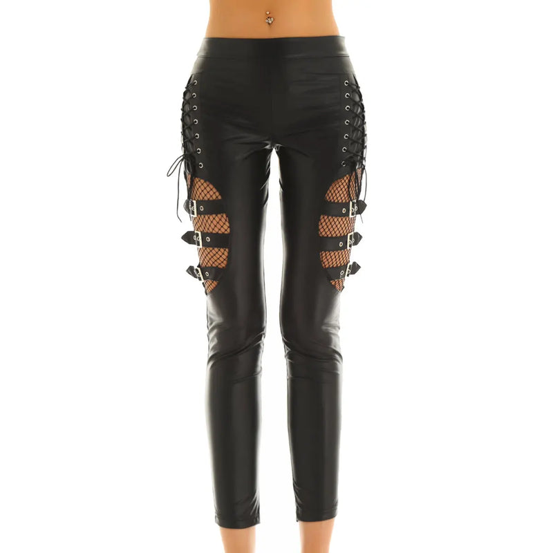 Women Pants Look Faux Leather Mid Splice Thigh with Buckles Side Lace Up Stretchy Trousers