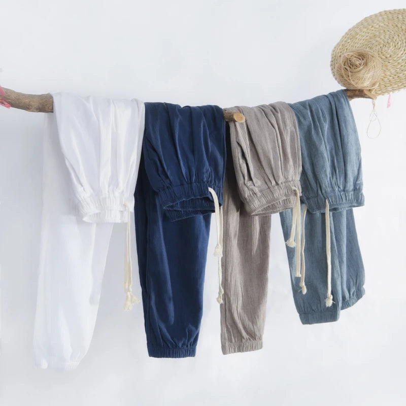 Ankle-length pants men linen and cotton loose white trousers men elastic waist pants men