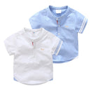 Kids Birthday Gift Clothes Summer Cotton White Blue Dog Short Sleeve Mandarin Collar Boys Shirt