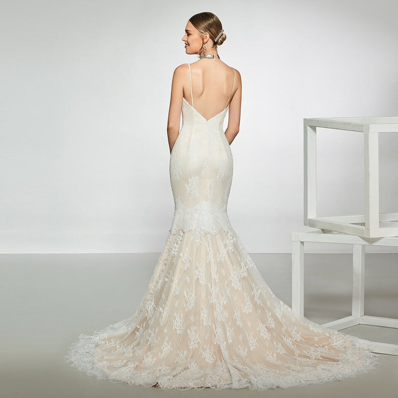 Elegant sample spaghetti straps trumpet wedding dress sleeveless lace floor length simple bridal gowns wedding dress
