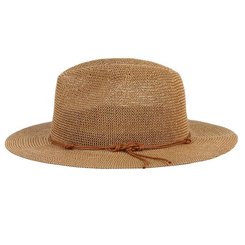 Summer Hat Panama Hats Hollow Out Straw Hat For Men Women Leather Ribbon Large Brim Sun Beach Fedora