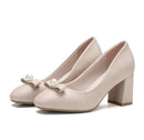 Women Pumps Square High Heel Platform Beading Round Toe Slip On leather Ladies Wedding Shoes