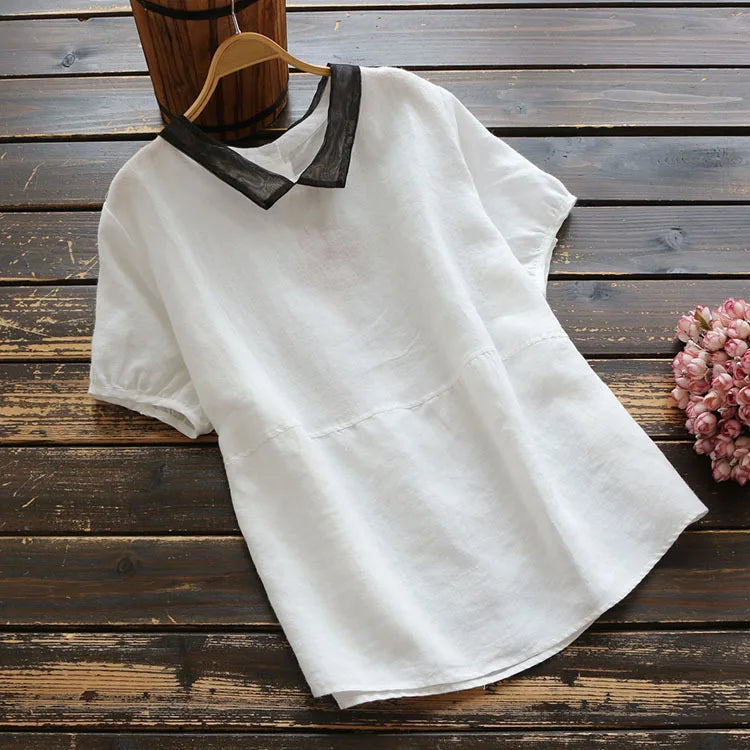 Women Casual Linen Short Sleeve Shirt Organza Patchwork Turndown Collar Blouse