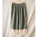 Women Girl Sweet Pants Lace Floral Layer Embroidered Pocket Button Female Pants