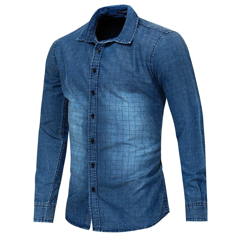 Autumn Denim Jean Shirt Cotton Washed Plaid Checked Shirt Long Sleeve Casual Shirts Male