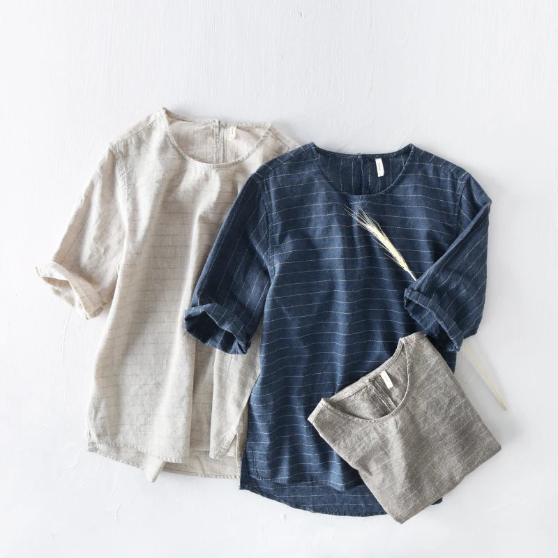 striped round collar t shirt men linen casual men t shirts