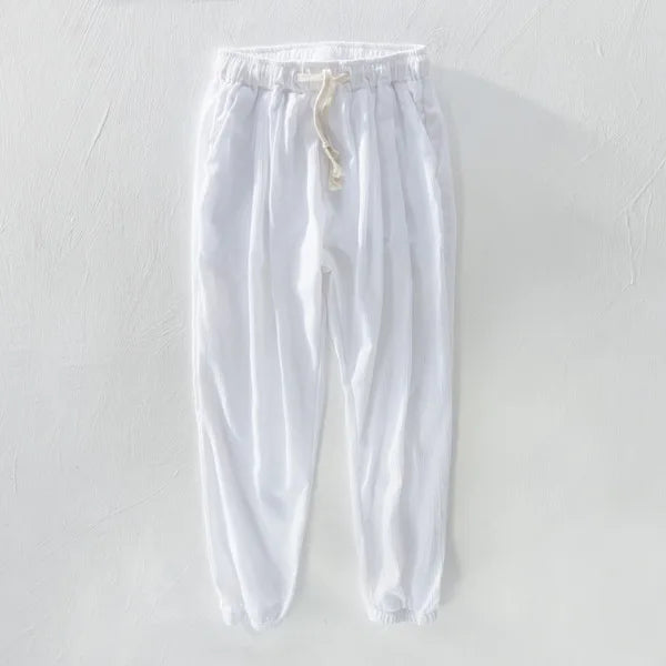 Ankle-length pants men linen and cotton loose white trousers men elastic waist pants men