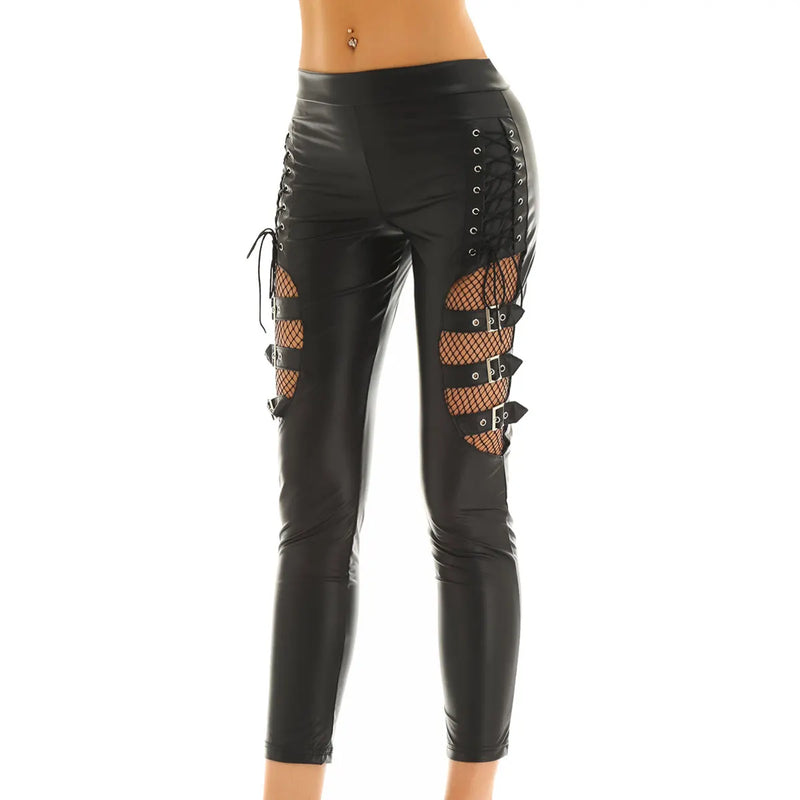 Women Pants Look Faux Leather Mid Splice Thigh with Buckles Side Lace Up Stretchy Trousers