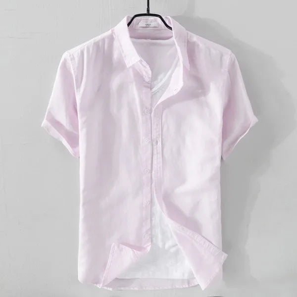 Linen shirt men summer flax men shirt turn-down collar solid pink shirts male