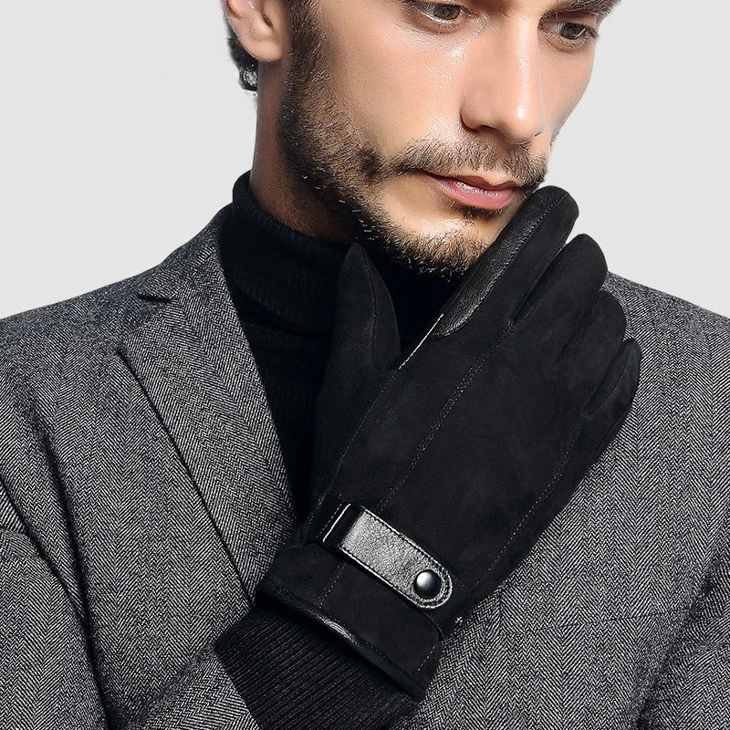 Genuine Leather Gloves Male Autumn Winter Warm Men Black Suede Gloves Wrist Buckle Glove