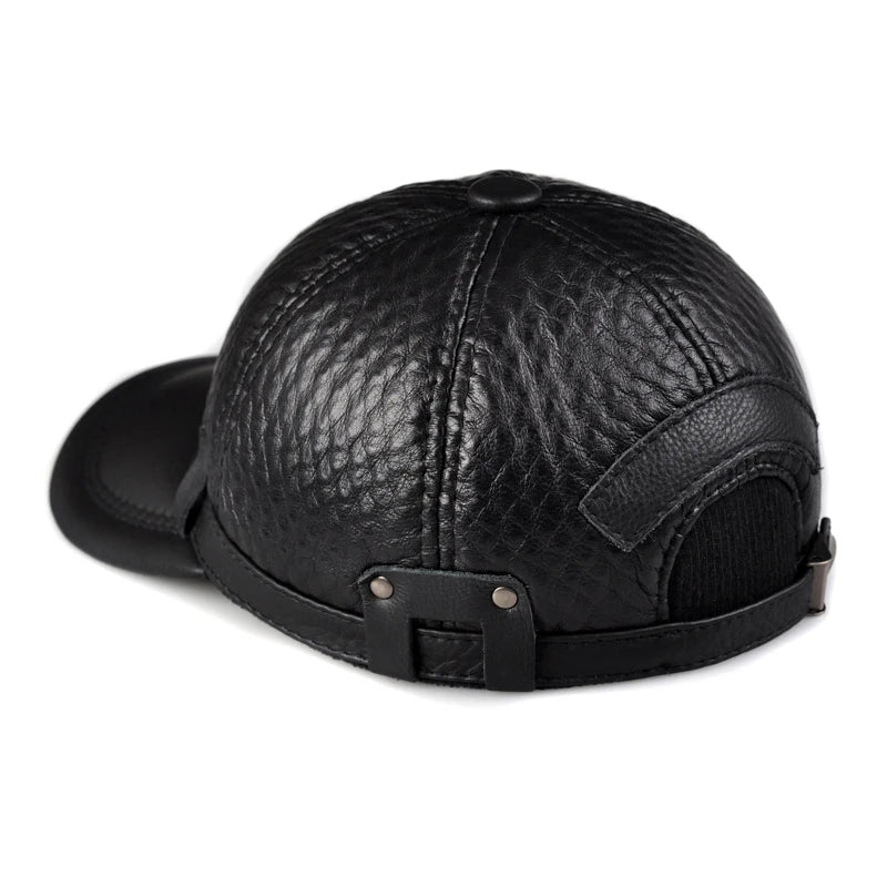 Spring Winter Genuine Leather Head Protection Baseball Caps Black Plaid Embossing Adjustable Hat For Man