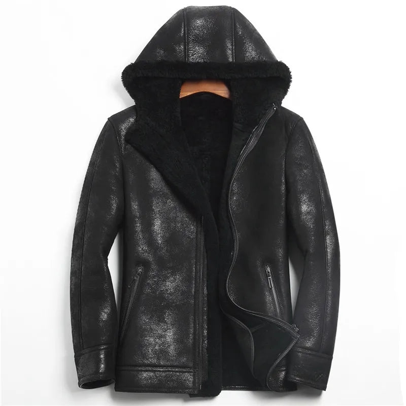 Winter Original Fur Coat with Men Leather Jacket Coat Hooded